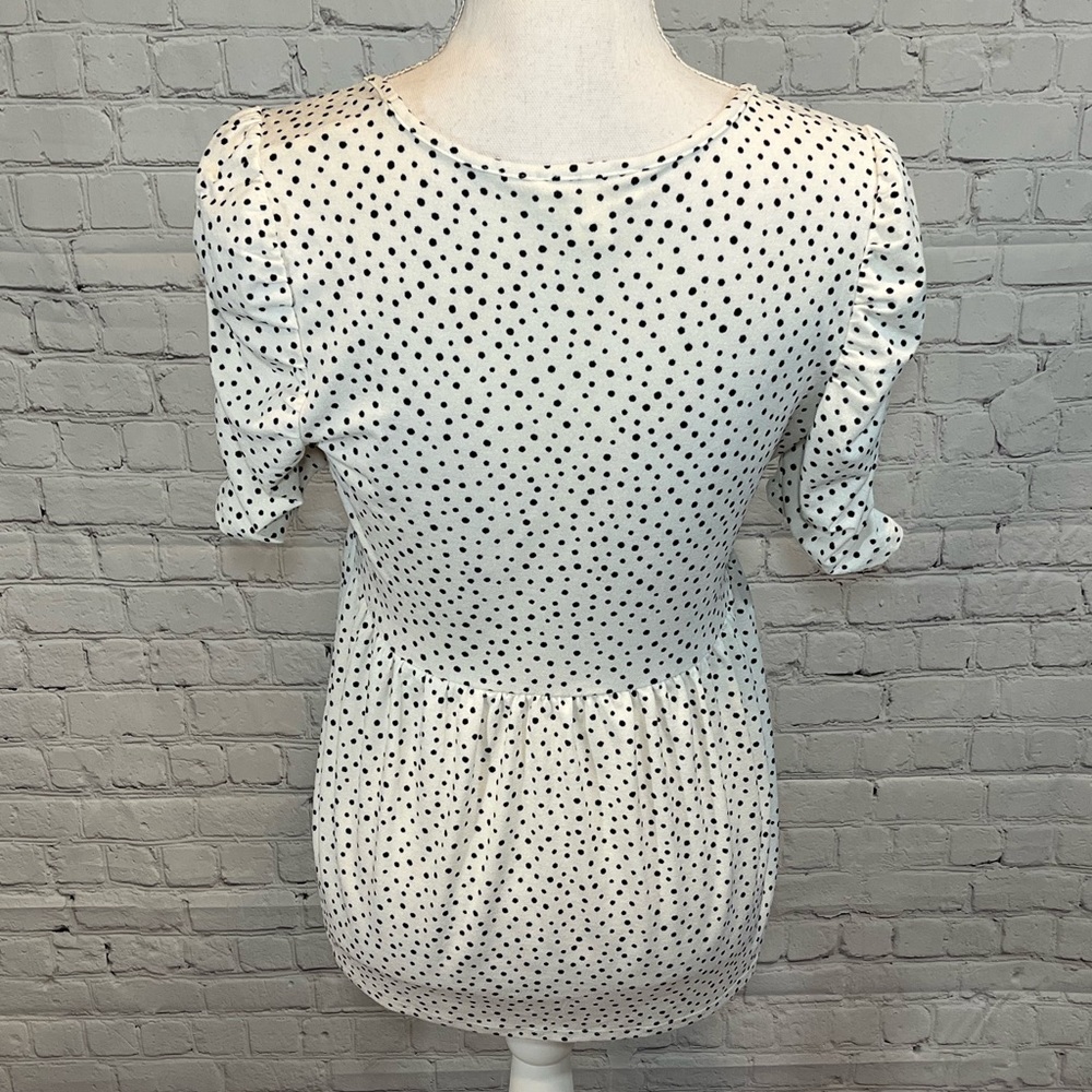 MONTEAU Blouse w Puffy Ruched Sleeves White w Black Polka Dots-Medium - Picture 2 of 2